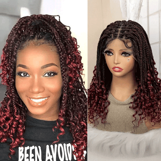 Perruque Tressée Bohème Couleur Ombre 99J En Dentelle Intégrale Avec Cheveux Bébé Synthétique 300% Densité