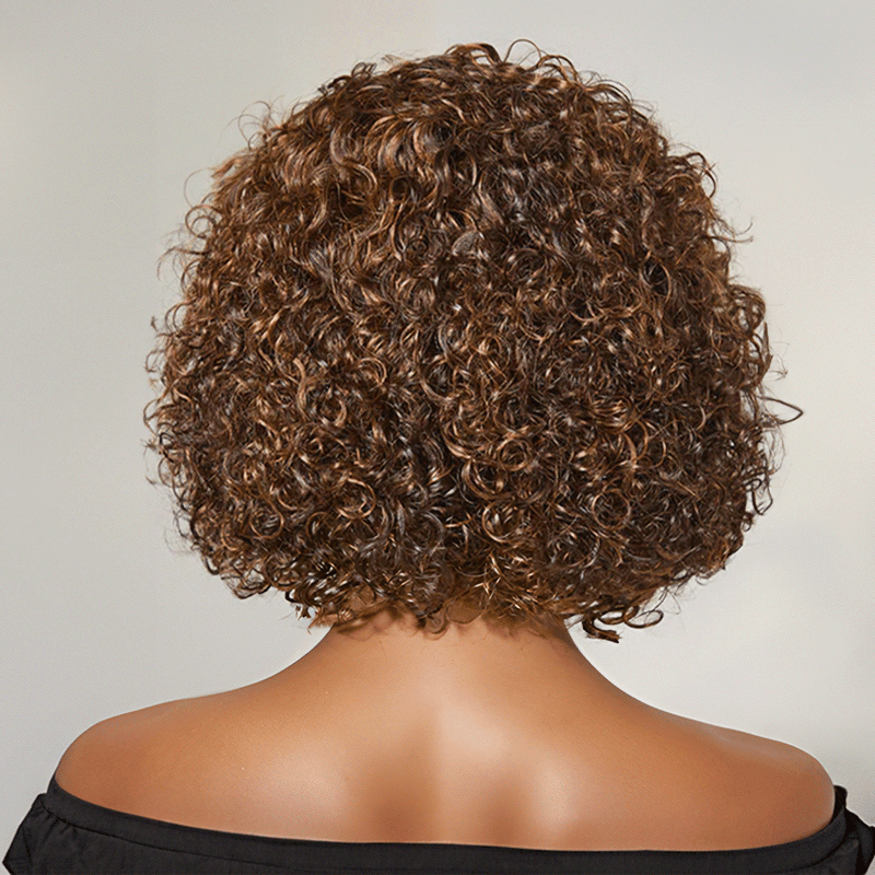 13x4 Glueless Mèches Brunes/Noir Jais Perruque Sans Colle Coupe Courte Vague Bouclée Bob