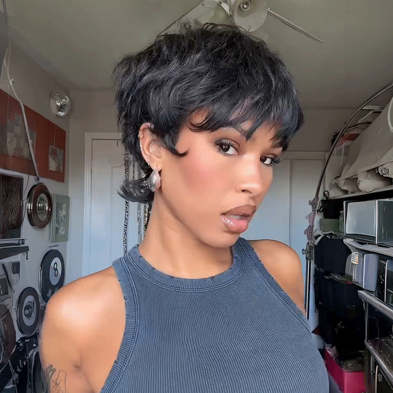 Coupe Pixie Chic Parisien  à Pointes Retournées Perruque Glueless Sans Colle