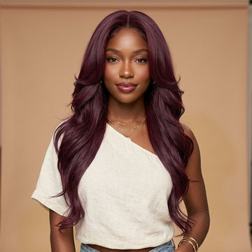 𝐏𝐫𝐞̂𝐭 𝐞𝐧 𝟐𝟒𝐡⚡Perruque Longue 26" Body Wave 9x6 Dentelle Bordeaux Densité de 250 % Coupe Affinante Glueless