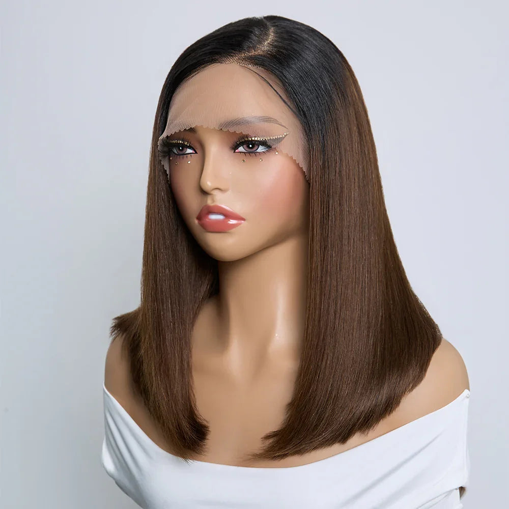 Perruque Bob Ombré Glueless 9x6 Racines Noires & Dégradé Marron Super Double Drawn Sans Colle