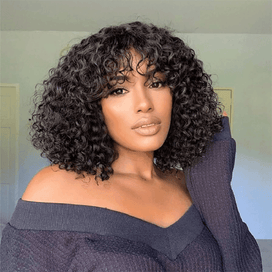 Bob Perruque Bouclée Avec Frange Noir Couleur 200% Densité Cheveux Humains