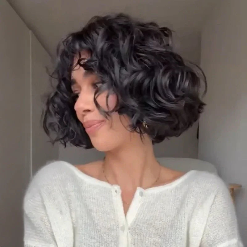 Élégant Glueless 4x4 Noir Naturel Bob Ondulé Avec Frange Fine 100% Cheveux Humains