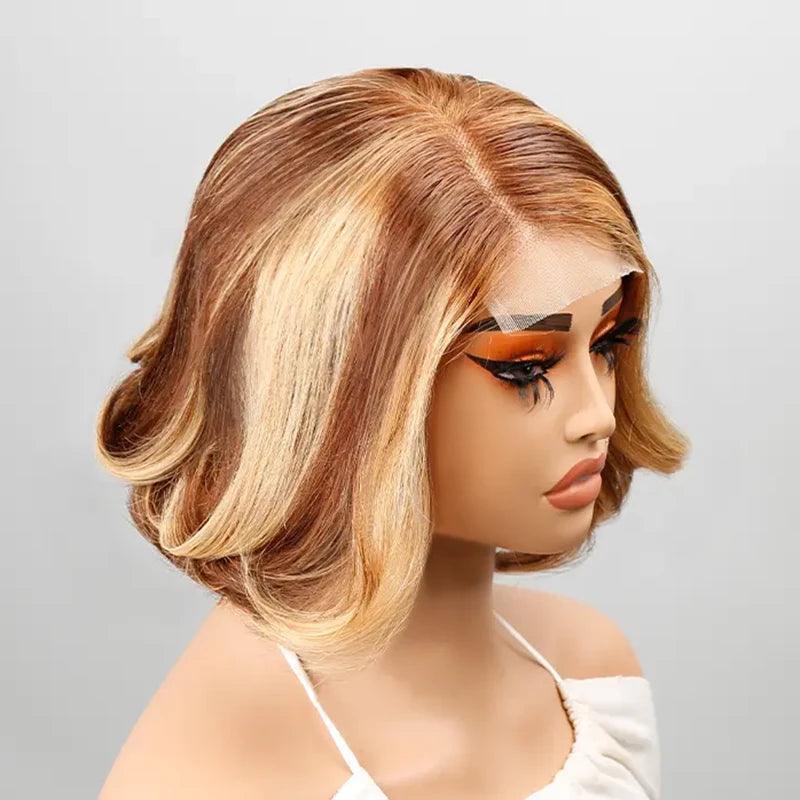 4x4 Toffee Brown Mix Blonde Coloré Lace Closure Ondulé Bob Perruque - SHINE HAIR