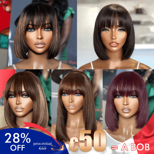 €𝟓𝟎/𝐁𝐨𝐛🔥Soyeux Glueless Bob Perruque 5 Couleur Lisse Avec Frange Prix De Gros D'usine