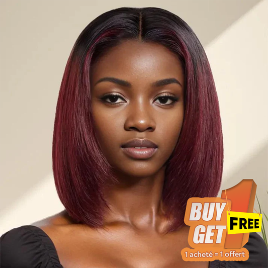 𝑩𝒖𝒚 1 𝑮𝒆𝒕 1 𝑭𝒓𝒆𝒆💥13x4 Glueless Couche Rouge Foncé Coupe Émoussée Bob Perruque Sans Colle Lisse