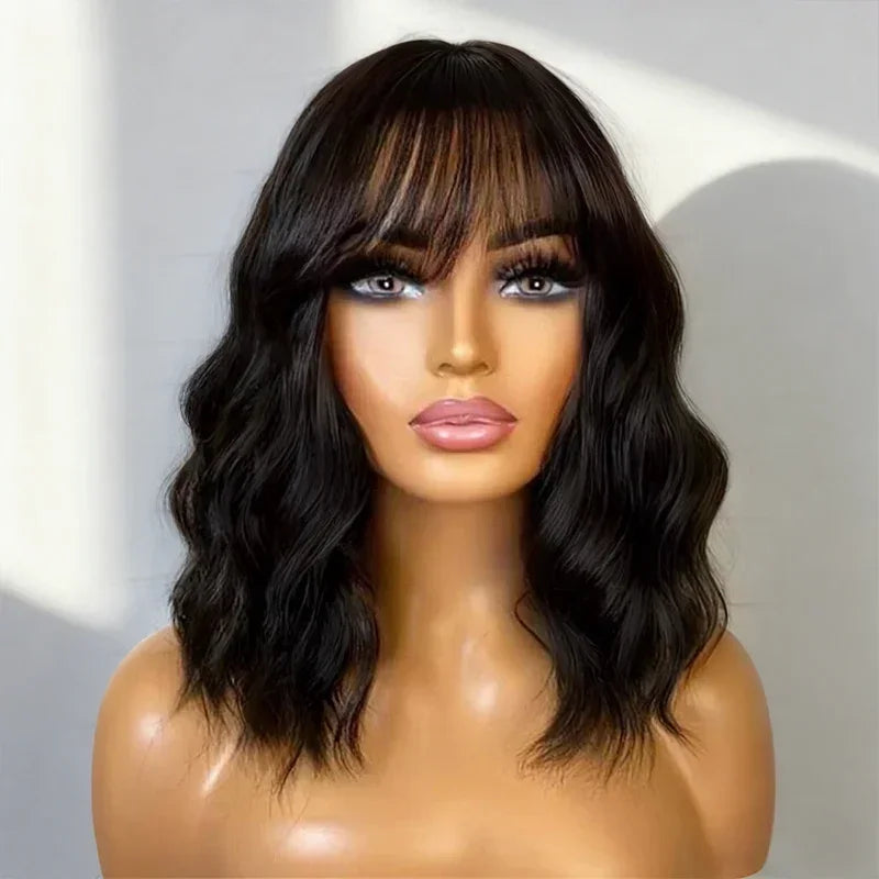 Bob Curly Wig with Bangs Black #4/27 Color 200% Density