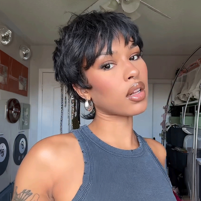 Coupe Pixie Chic Parisien  à Pointes Retournées Perruque Glueless Sans Colle