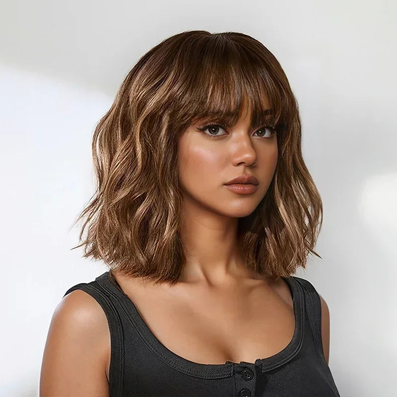Brown Colored Bob wig with bangs Smooth 200% density