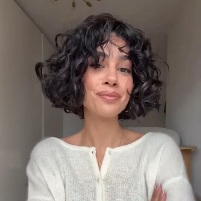 Élégant Glueless 4x4 Noir Naturel Bob Ondulé Avec Frange Fine 100% Cheveux Humains