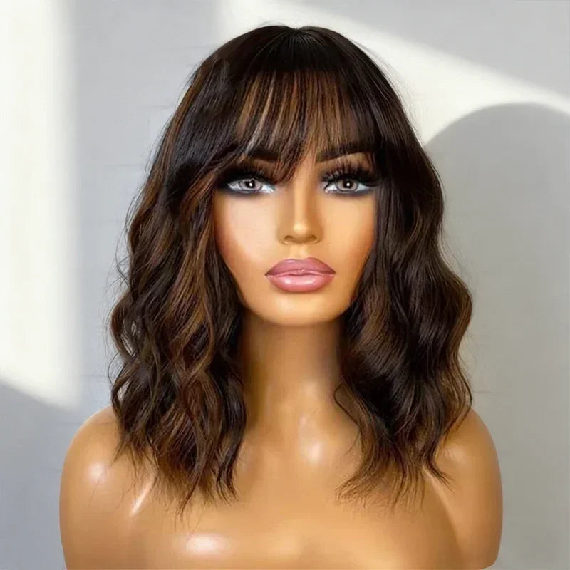 Naturelle & Intemporel Glueless Bob Perruque Sans Colle Ondulé Avec Frange Cheveux Humains