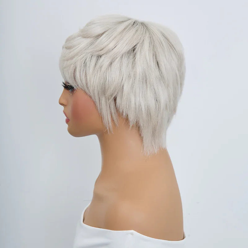 Perruque Pixie Bob Lisse Blanc Argenté Glueless Sans Colle 100% Cheveux Humains