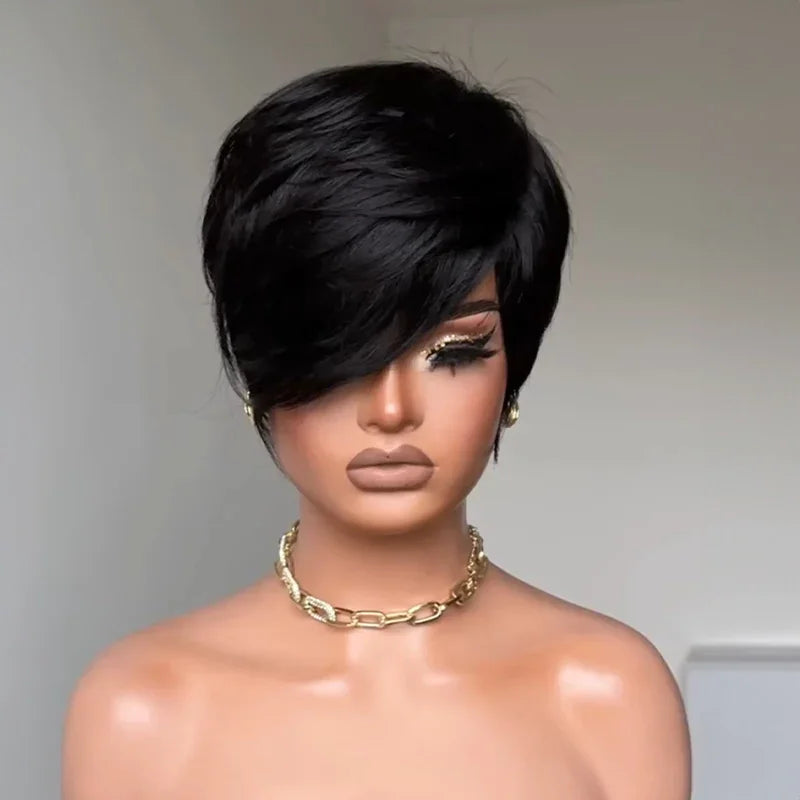 Perruque Pixie Dégradée Courte Glueless avec Frange de Côté Asymétrique Noir