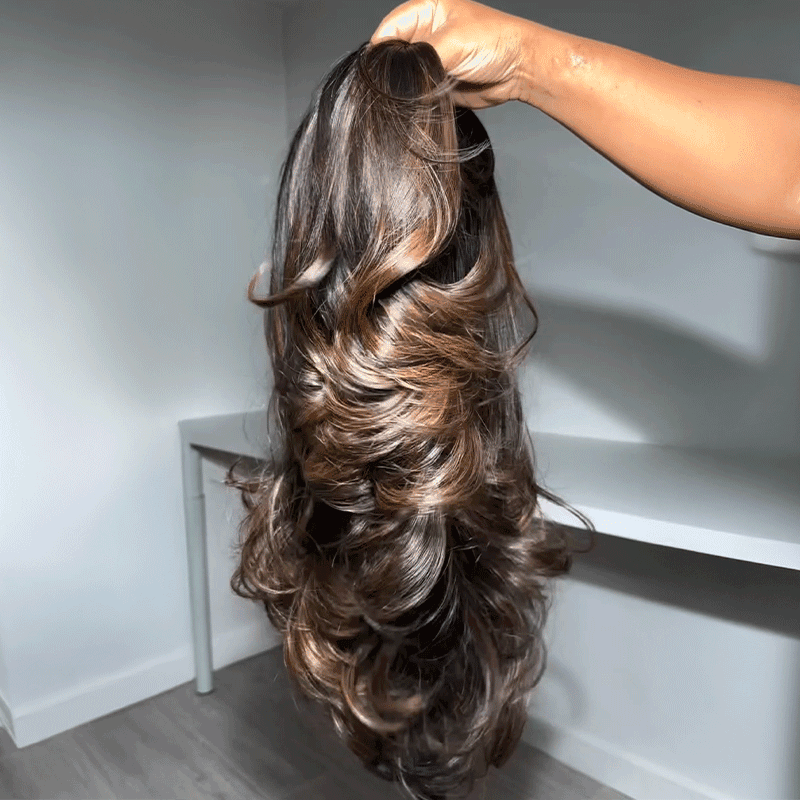 Glueless Luxe Couche 13x4 Highlight Perruque Sans Colle Ondulé Cheveux Humains Wear Go 250% Densité