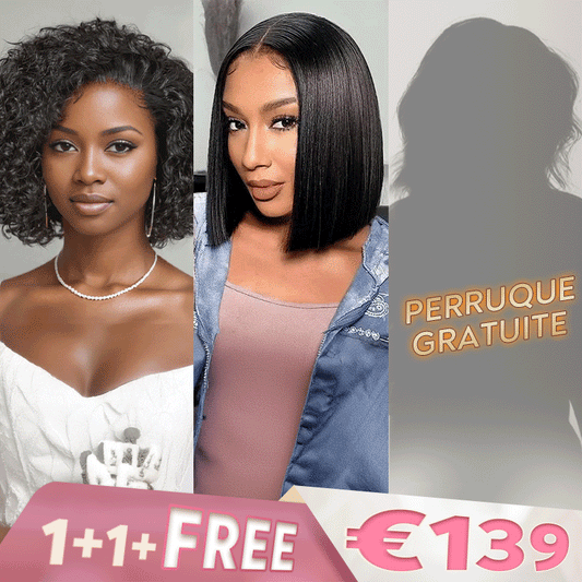 1+1+𝑭𝒓𝒆𝒆💥Lisse Naturel 2x6 Dentelle Perruque 6"+Bouclée 13x4 Glueless Bob Perruque 8"