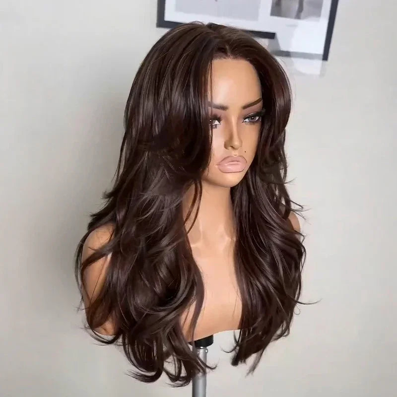 Chic Parisien Perruque 13x4 Glueless Ondulations Légères & Dégradé Long Brun Foncé