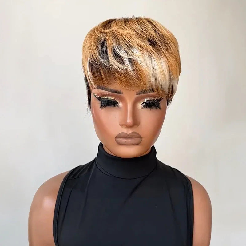Perruque Pixie Bicolore Châtain Clair & Blanc Glueless avec Frange Droite et Pattes Sculptées