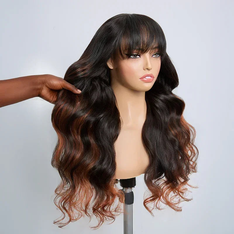 Glueless Sans Nœuds Couleur Highlight 4x4 Perruque Sans Colle Body Wave Avec Frange 250% Densité