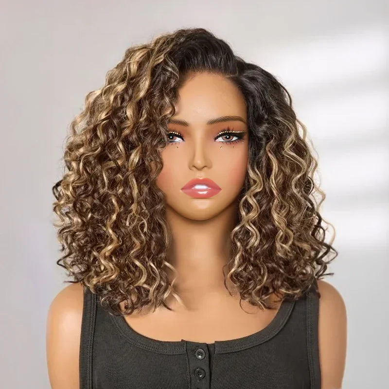 Glueless Couleur Mèches Blondes & Noir Naturel 5x5 Wear Go Perruque Sans Colle Bouclé
