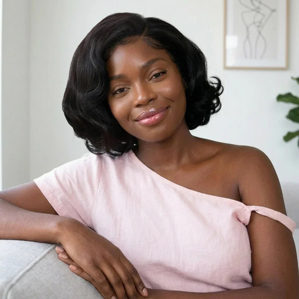 4x4 Légèrement Ondulé Raie Sur Le Côté Glueless Sans Colle Perruque Short Bob Wavy
