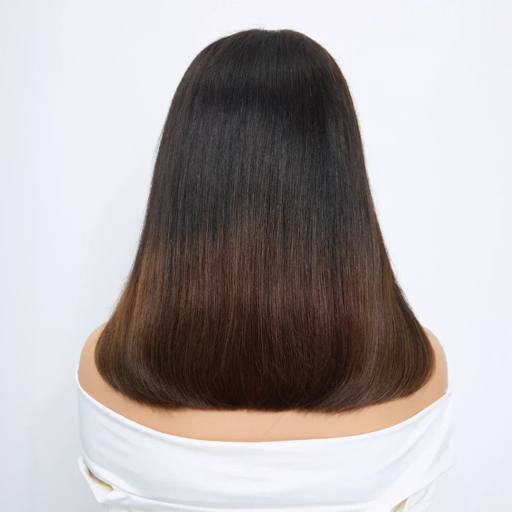 Perruque Bob 4x4 Sans Colle Noir Naturel & Mèches Brunes Cheveux Naturels Lisse