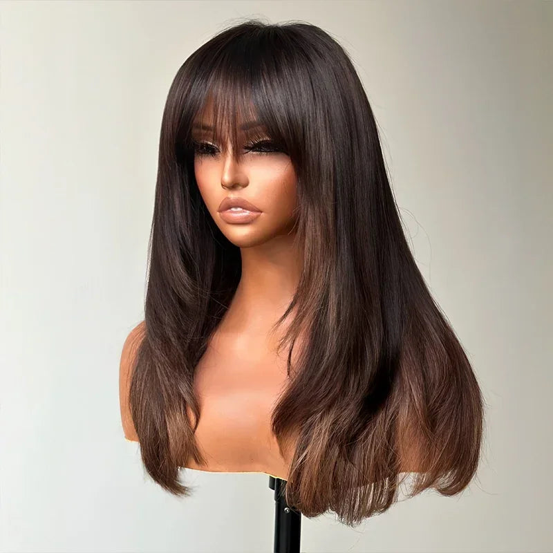 Glueless Coupe Dégradée Couleur Mèches Brunes Avec Frange 4x4 Wear Go Perruque Sans Colle Lisse