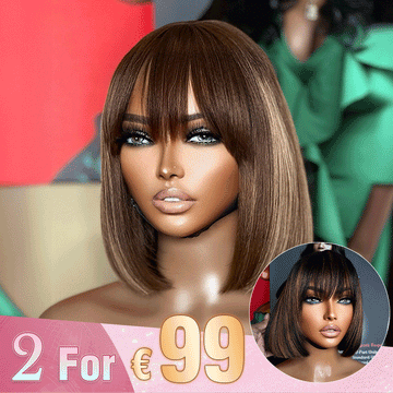 2 𝑭𝑶𝑹 €99🔥 Essentiel De L'Été Soyeux Bob Facile À Coiffer Glueless Perruque Lisse Avec Frange