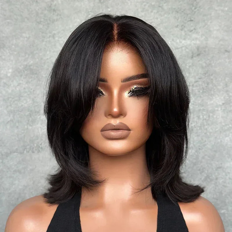 Effet Salon Glueless Couches Wear Go 4x4 Perruque Bob Sans Colle Avec Frange Cheveux Humains Ondulé