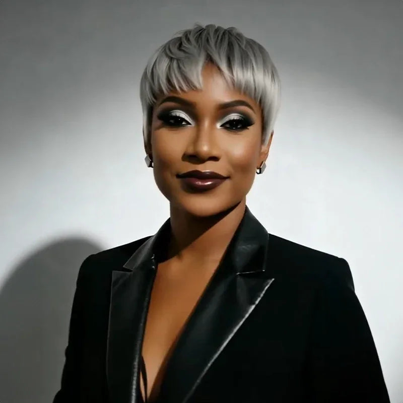 Boss Mature Tendance Glueless Gris argenté Pixie Bob Lisse Perruque Sans Colle Cheveux Humains