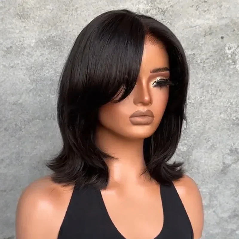 Effet Salon Glueless Couches Wear Go 4x4 Perruque Bob Sans Colle Avec Frange Cheveux Humains Ondulé