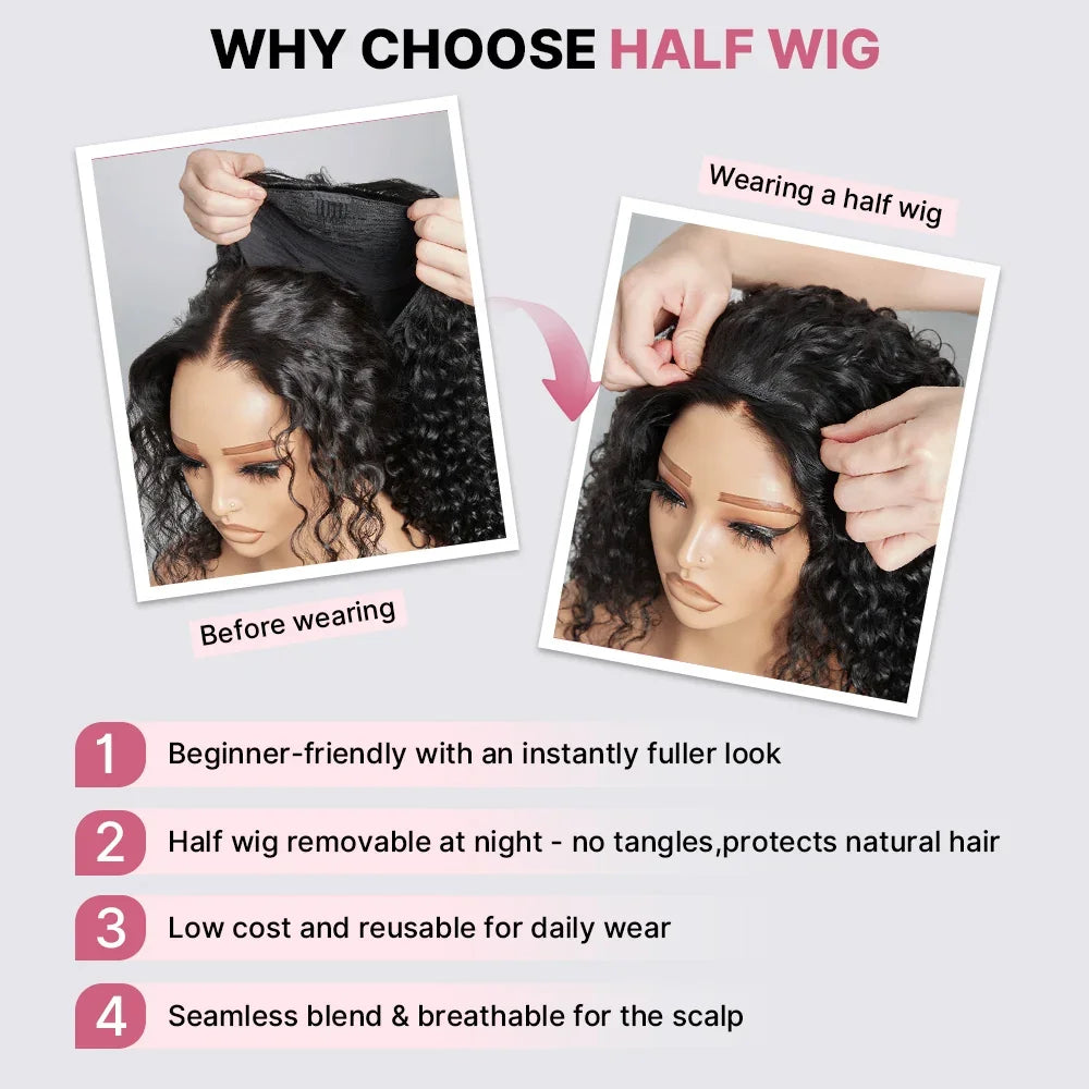 🔥4 In 1 Half Wig Water Wave Demi-Perruque À Cordon Serrage Flexi-Fit