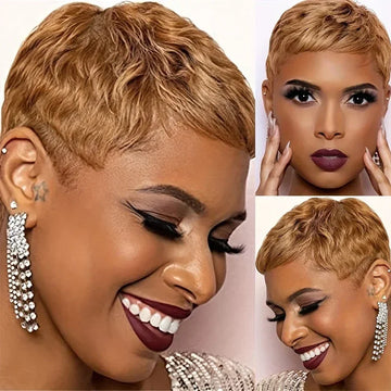 Perruque Full Lace Pixie Brun auburn Blond miel Noir Frange Effilée Naturelle
