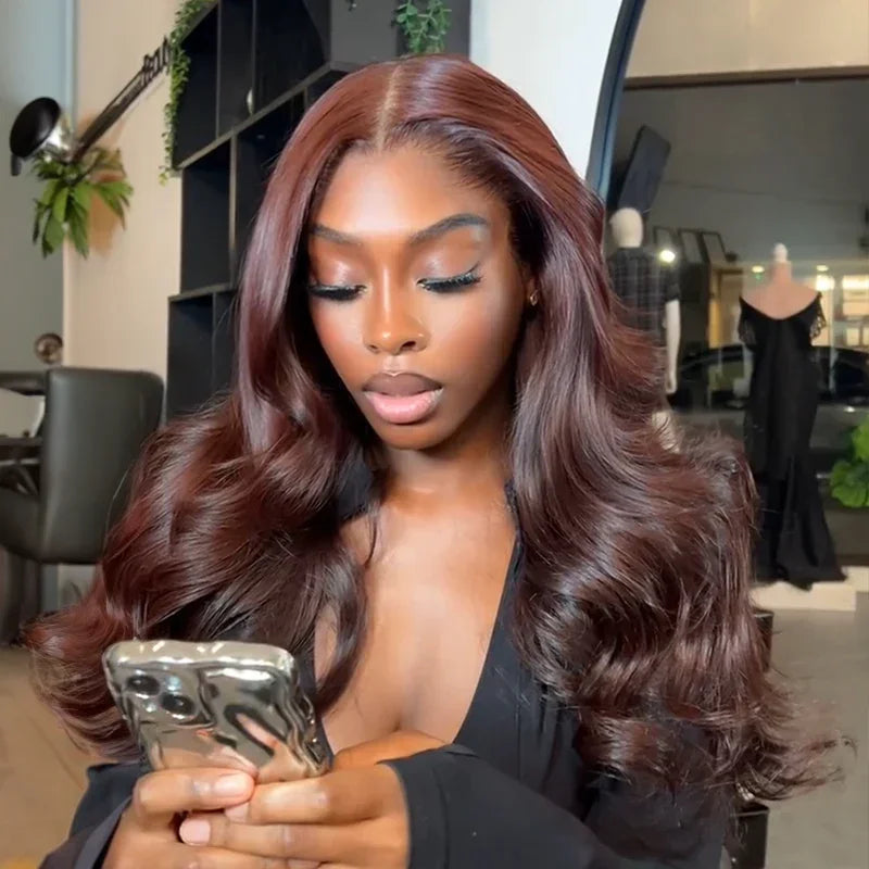 Brillante Glueless Couleur Brun Foncé Rougeâtre 13x4 Perruque Sans Colle Body Wave Casquette À Cordon Flexi-Fit