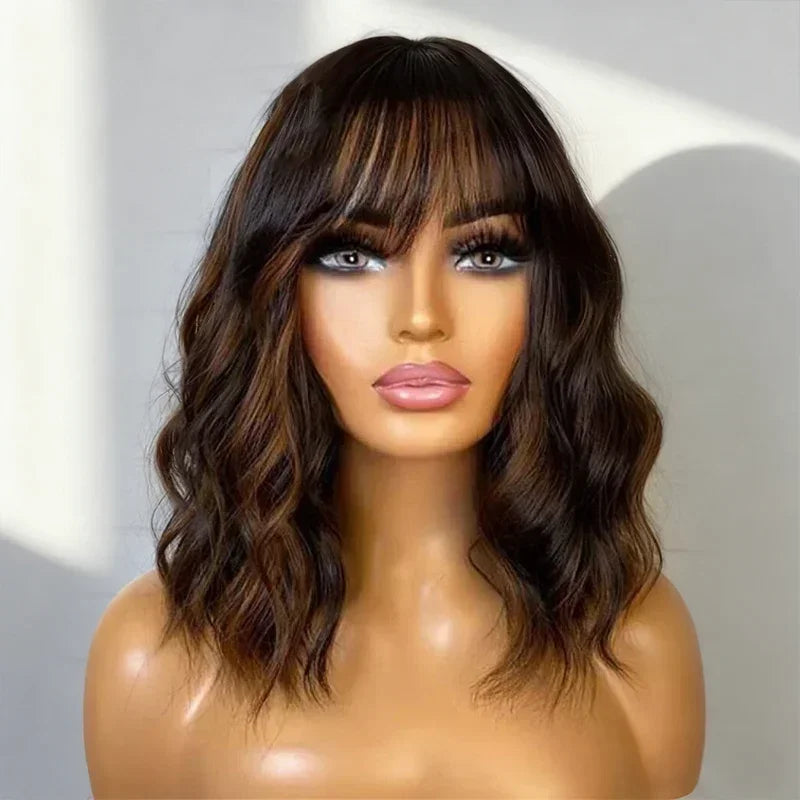 Bob Curly Wig with Bangs Black #4/27 Color 200% Density