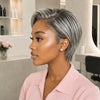Raie sur le Côté Court 13x4 Dentelle Gris Argent Perruque Pixie Lisse Glueless