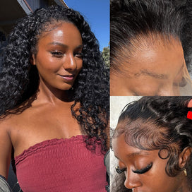 Perruque Longue 13x4 Dentelle HD Deep Wave Noir Naturel Coupe Dégradée