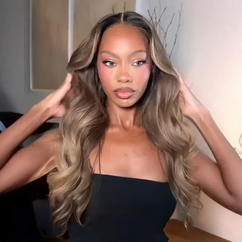 Glueless Pré-épilé Couleur Mèches Blondes Ombré 13x4 Perruque Sans Colle Body Wave 250% Densité