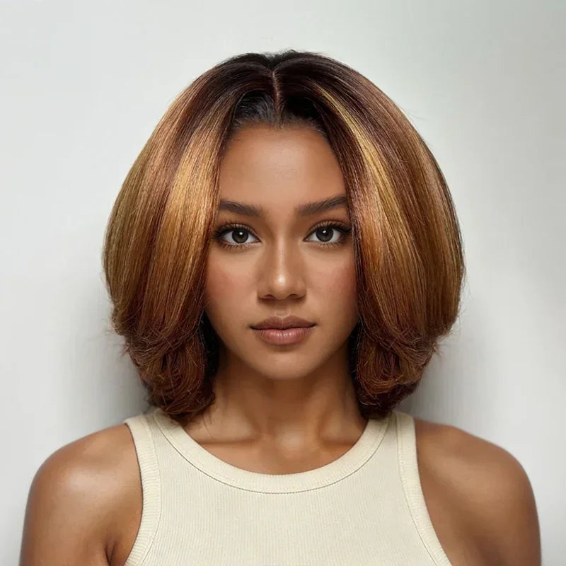 Chic Et Naturel Glueless Couches Couleur Highlight Bob 4x4 Perruque Sans Colle Ondulé 250% Densité