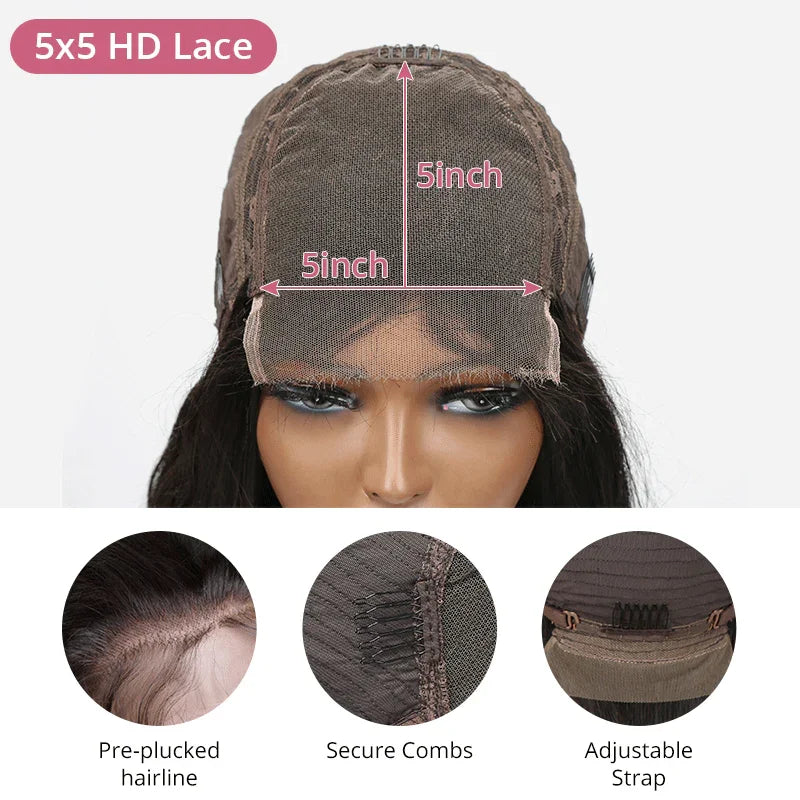 Perruque 5x5 Dentelle HD Glueless Super Double Drawn 250% Sans Colle Cordon de Serrage & Cheveux Bruts