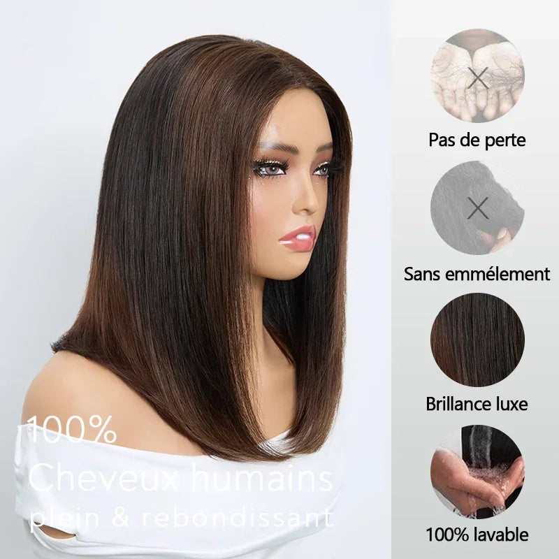 Perruque Bob 4x4 Sans Colle Noir Naturel & Mèches Brunes Cheveux Naturels Lisse