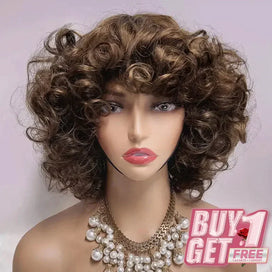 𝑩𝒖𝒚 1 𝑮𝒆𝒕 1 𝑭𝒓𝒆𝒆💥 Duveteux Glueless Bob Boucles Highlight Marron Perruque Sans Colle Cheveux Humains