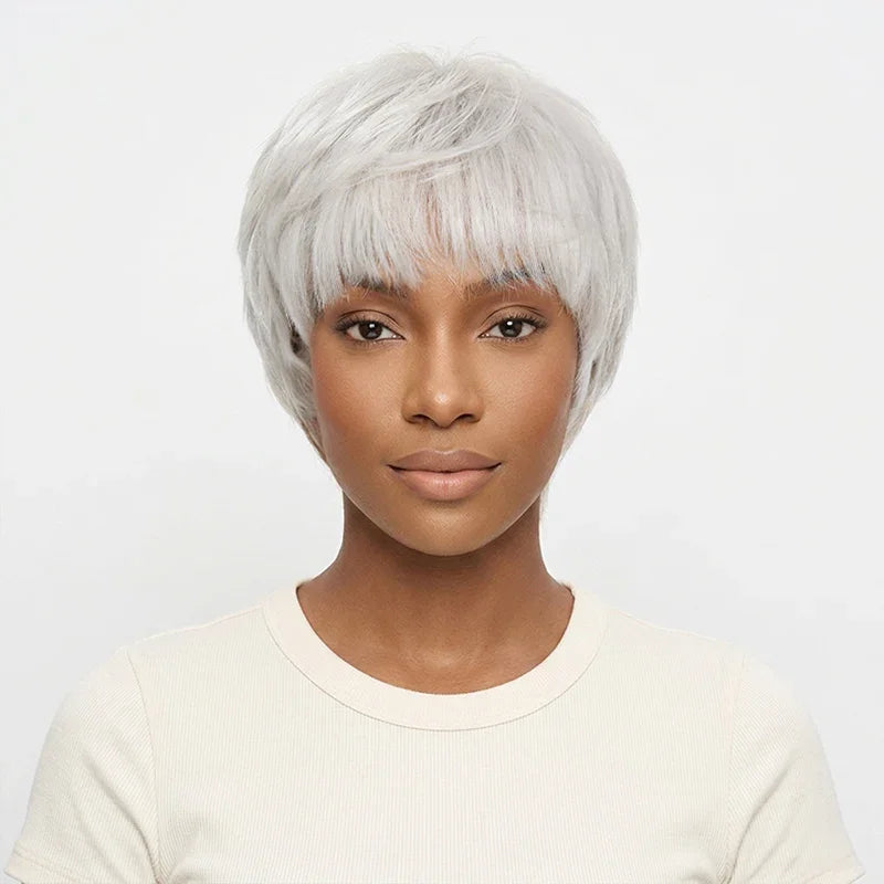 Perruque Pixie Bob Lisse Blanc Argenté Glueless Sans Colle 100% Cheveux Humains