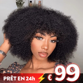 Glueless Style Brésilien Afro Kinky Curly Bob Perruque Sans Colle Avec Frange 350% Densité