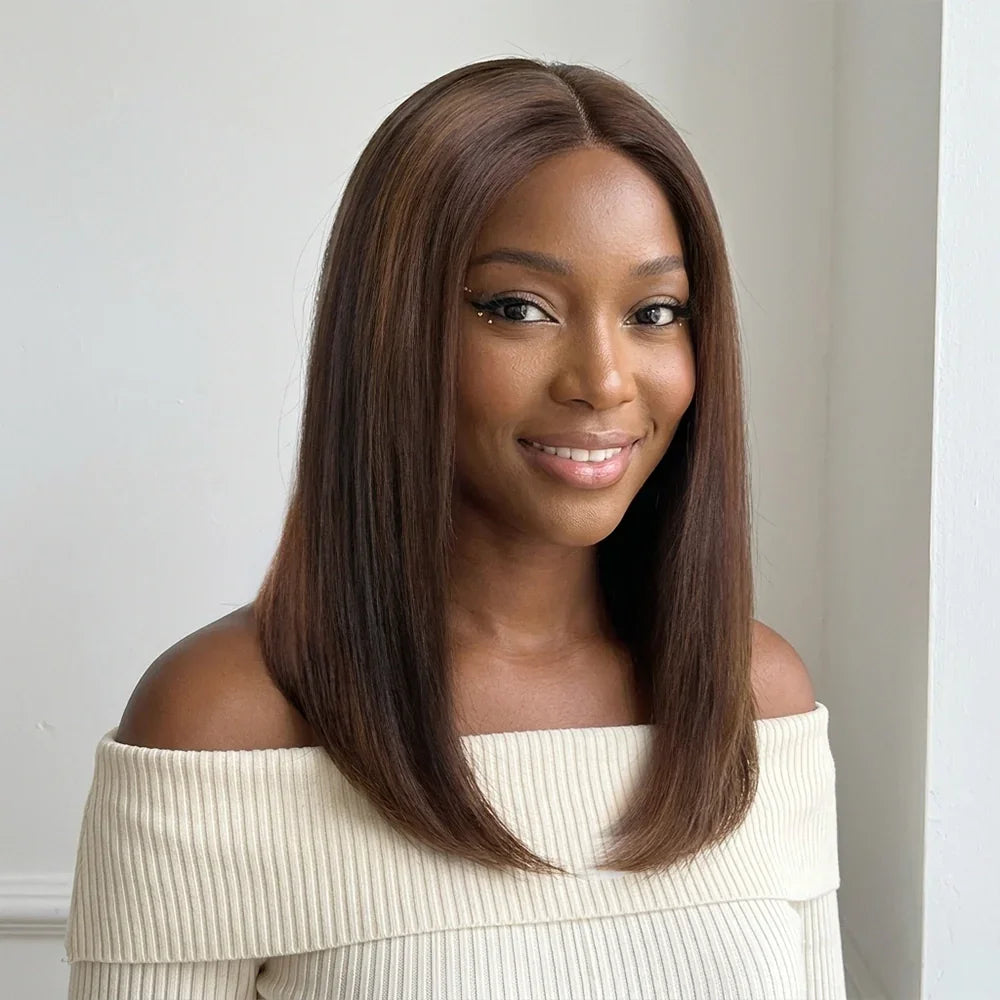 Perruque Bob 4x4 Sans Colle Noir Naturel & Mèches Brunes Cheveux Naturels Lisse