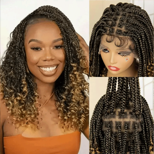 Perruque Tressée Bohème Ombré Honey Blonde En Dentelle Intégrale Avec Cheveux Bébé Synthétique 300% Densité