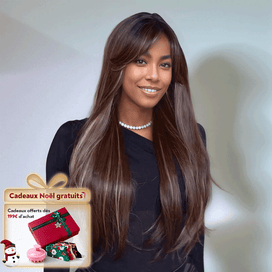 Brillant Soyeux Couleur Chocolat Highlight 4x4 Sans Colle Perruque Cheveux Humains Lisse Avec Frange