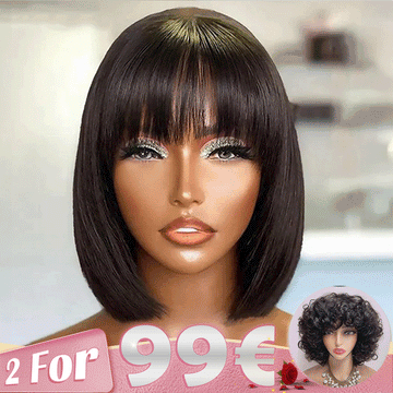 2 𝑭𝑶𝑹 €99🔥8"Lisse Avec Frange Bob+8"Soyeux Lisse 2x6 Dentelle/Noir Boucles Rebondies/Boucle Afro/Marron Boucles Rebondies Perruque