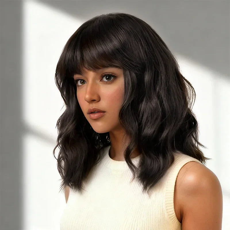 Naturelle & Intemporel Glueless Bob Perruque Sans Colle Ondulé Avec Frange Cheveux Humains