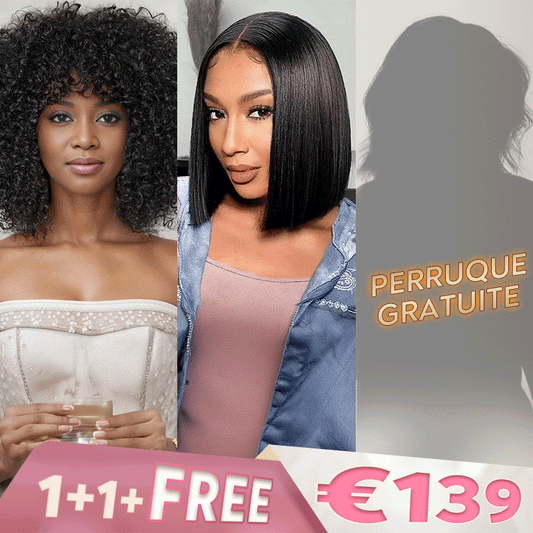1+1+𝑭𝒓𝒆𝒆💥Lisse Naturel 2x6 Dentelle Perruque 8"+Glueless Afro Bouclée Bob Avec Franges 10"
