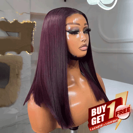 𝑩𝒖𝒚 1 𝑮𝒆𝒕 1 𝑭𝒓𝒆𝒆💥Soyeux Glueless Violet Foncé 5x5 Nœuds Blanchis Bob  Sans Colle Lisse